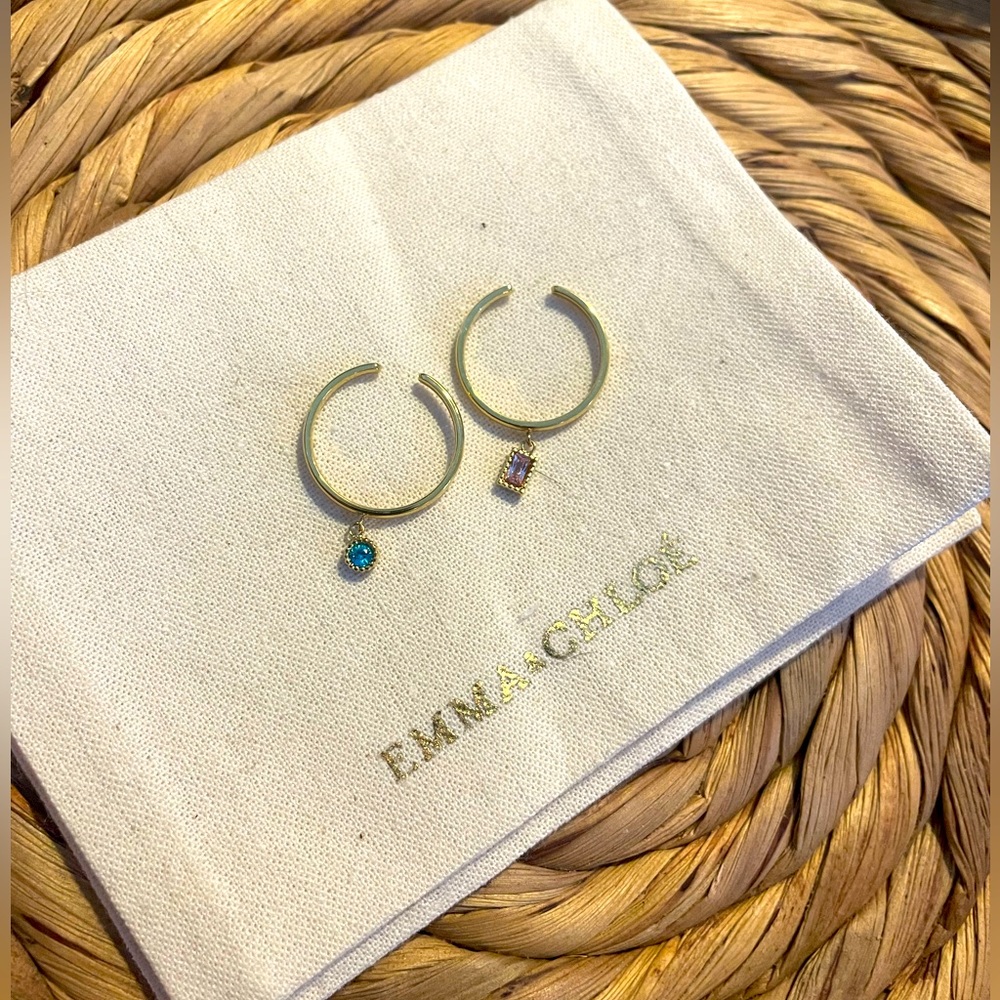 Emma & Chloe Divya Rings- 2 Gold Rings with Dangling Gems Trendy French NEW NWT